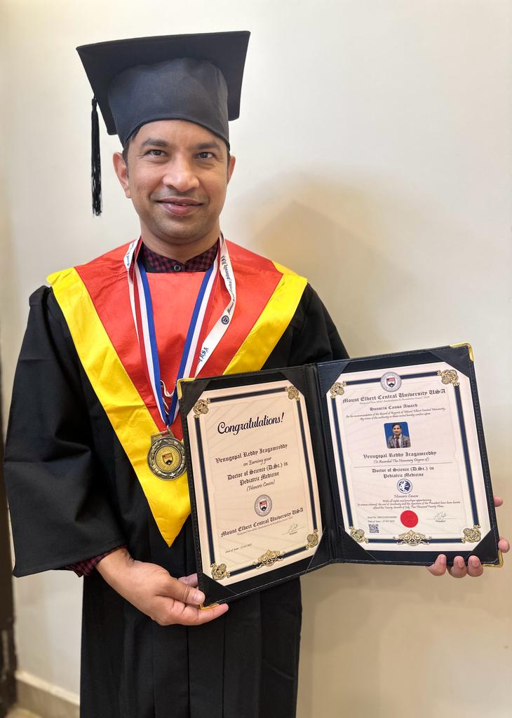 From Mount Elbert Central University, USA, Dr. I. Venugopal Reddy Receives Honorary Doctorate Degree.